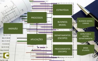 IMERSÃOIMERSÃO
PROCESSOSPROCESSOS
APLICAÇÕESAPLICAÇÕES
BUSINESS MODEL
CANVAS
BUSINESS MODEL
CANVAS
ESTRATÉGIAESTRATÉGIA
BUSINESS
MODEL
BUSINESS
MODEL
DEPARTAMENTOS
(ESCOPO)
DEPARTAMENTOS
(ESCOPO)
PROCEDIMENTOS
(ESCOPO)
PROCEDIMENTOS
(ESCOPO)
ESTRUTURA E
GESTÃO
DEPARTAMENTAL
ESTRUTURA E
GESTÃO
DEPARTAMENTAL
BPMN
(FLUXOS)
BPMN
(FLUXOS)
 