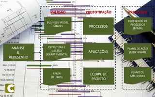 ANÁLISE
&
REDESENHO
ANÁLISE
&
REDESENHO
PROCESSOSPROCESSOS
APLICAÇÕESAPLICAÇÕES
BUSINESS MODEL
CANVAS
BUSINESS MODEL
CANVAS
ESTRUTURA E
GESTÃO
DEPARTAMENTAL
ESTRUTURA E
GESTÃO
DEPARTAMENTAL
BPMN
(FLUXOS)
BPMN
(FLUXOS)
PLANO DE AÇÃO
(REDESENHO)
PLANO DE AÇÃO
(REDESENHO)
IMERSÃO PROTOTIPAÇÃO
EQUIPE DE
PROJETO
EQUIPE DE
PROJETO
PLANO DE
MELHORIAS
PLANO DE
MELHORIAS
PROTÓTIPO
REDESENHO DE
PROCESSOS
(BPMN)
REDESENHO DE
PROCESSOS
(BPMN)
 