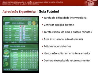 •	
  Tarefa	
  de	
  diﬁculdade	
  intermediária	
  
	
  
•	
  Veriﬁcar	
  posição	
  do	
  <me	
  
	
  
•	
  Tarefa	
  variou	
  	
  de	
  dois	
  a	
  quatro	
  minutos	
  
	
  
•	
  Área	
  instrucional	
  não	
  observada	
  
	
  
•	
  Rótulos	
  inconsistentes	
  	
  
	
  
•	
  Idosos	
  não	
  voltaram	
  uma	
  tela	
  anterior	
  
	
  
•	
  Demora	
  excessiva	
  de	
  recarregamento	
  
Apreciação	
  Ergonômica	
  |	
  Guia	
  Futebol	
  
 