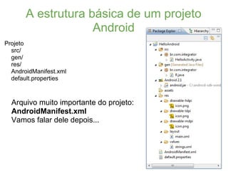 A estrutura básica de um projeto
                    Android
Projeto
  src/
  gen/
  res/
  AndroidManifest.xml
  default.properties



  Arquivo muito importante do projeto:
  AndroidManifest.xml
  Vamos falar dele depois...
 