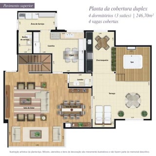 Pavimento superior
                                                                                                                                     Planta da cobertura duplex
                                              3,28
                                                                                                                                    4 dormitórios (3 suítes) | 246,70m²
                                                                                                                                    4 vagas cobertas
                   1,53




                                                                        1,48
                                      Área de Serviço



                                                                               4,43                                                                   2,48

                          Banho




                                                                                                                                                                        1,35
                         de serviço
                                            1,88
                  1,88




                                                                   Cozinha

                                                                                                                                                                               3,25




                                                                                                                      3,58
                             1,28                           1,60
                               1,18
                                         2,90
                                                                                             Copa

                                                                                                                                                    Churrasqueira
                                                                                                                                                                               Spa
                                                                        1,70




                                                                                                                                                                       3,88
                                                                                         2,83                                       0,60

                                                     3,53                                                      2,00


                                                                                                              Lavabo



                                                                                                                                      1,15
                                                                                      1,35




                                                                                                                                                                                       6,45
                                                                                                       2,15
 4,25




                                                                                                                                             4,95                   Terraço




                                                                                      Sala de Jantar
                                                                                                                                      3,45




                            Sala de Estar



                                                                                                                                                                                3,25

                                                                                      0,80
                                                                                                                                                                        0,75
                                                                                                0,40




                                                                                                                             1,75                            1,88
        2,45




                                                                               2,15




                                              5,00



         Ilustração artística da planta-tipo. Móveis, utensílios e itens de decoração são meramente ilustrativos e não fazem parte do memorial descritivo.
 