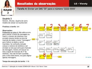 28Exercício 1: Aplicação do modelo GOMS-KLM • Bruno / Cid / Nuno / Vera
Tarefa 4: Enviar um SMS "Oi" para o número "2222-5555"
LG • Viewty
Usuário 3
Homem, 38 anos. Usuário de outro
modelo de celular LG touchscreen
Finalizou a tarefa: sim
Observações:
Problemas na caixa 4. Não sabia se era
para colocar o texto da mensagem ou
inserir o número de telefone a ser
enviado (mesmo tendo na área de
inserção de dados o texto “mensagem”
para indicar os dados a serem
inseridos). Se confundiu tentado
colocar o número do telefone a ser
enviado na tela que seria para inserção
da mensagem. Insistiu em buscar na
tela a opção de inserção do nº do
telefone, mas não foi bem sucedido
pois a tela onde estava, era para digitar
apenas mensagens.
Tempo de execução da tarefa: 1:16
 