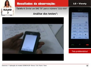 33Exercício 1: Aplicação do modelo GOMS-KLM • Bruno / Cid / Nuno / Vera
Tarefa 4: Enviar um SMS "Oi" para o número "2222-5555"
Análise dos testes3
:
LG • Viewty
Tela problemática!
 