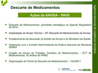 AgênciaNacionaldeVigilânciaSanitária
 Descarte de Medicamentos: prioridade estratégica na Agenda Regulatória
de 2010.
 Implantação do Grupo Técnico – GT Descarte de Medicamentos da Anvisa.
 Fortalecimento da discussão no âmbito da Anvisa e do Ministério da Saúde
 Integração com o Comitê Interministerial da Política Nacional de Resíduos
Sólidos
 Criação do Grupo de Trabalho Temático de Medicamentos – GTT de
Medicamentos, no âmbito da PNRS
 Organização do Painel de Descarte de Medicamentos – 15/4/2011
Descarte de Medicamentos
Ações da ANVISA - SNVS
 