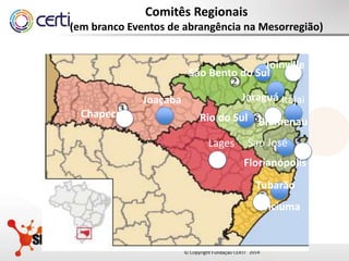 20142014
Comitês Regionais
(em branco Eventos de abrangência na Mesorregião)
c
Chapecó
Joaçaba
Lages
Jaraguá
São Bento do Sul
Joinville
Itajai
Sao José
Tubarão
Criciuma
Florianópolis
Rio do Sul Blumenau
 