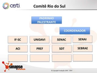 20142014
Comitê Rio do Sul
PADRINHO
PALESTRANTE
COORDENADOR
SENAISENACUNIDAVIIF-SC
SEBRAESDTPREFACI
 