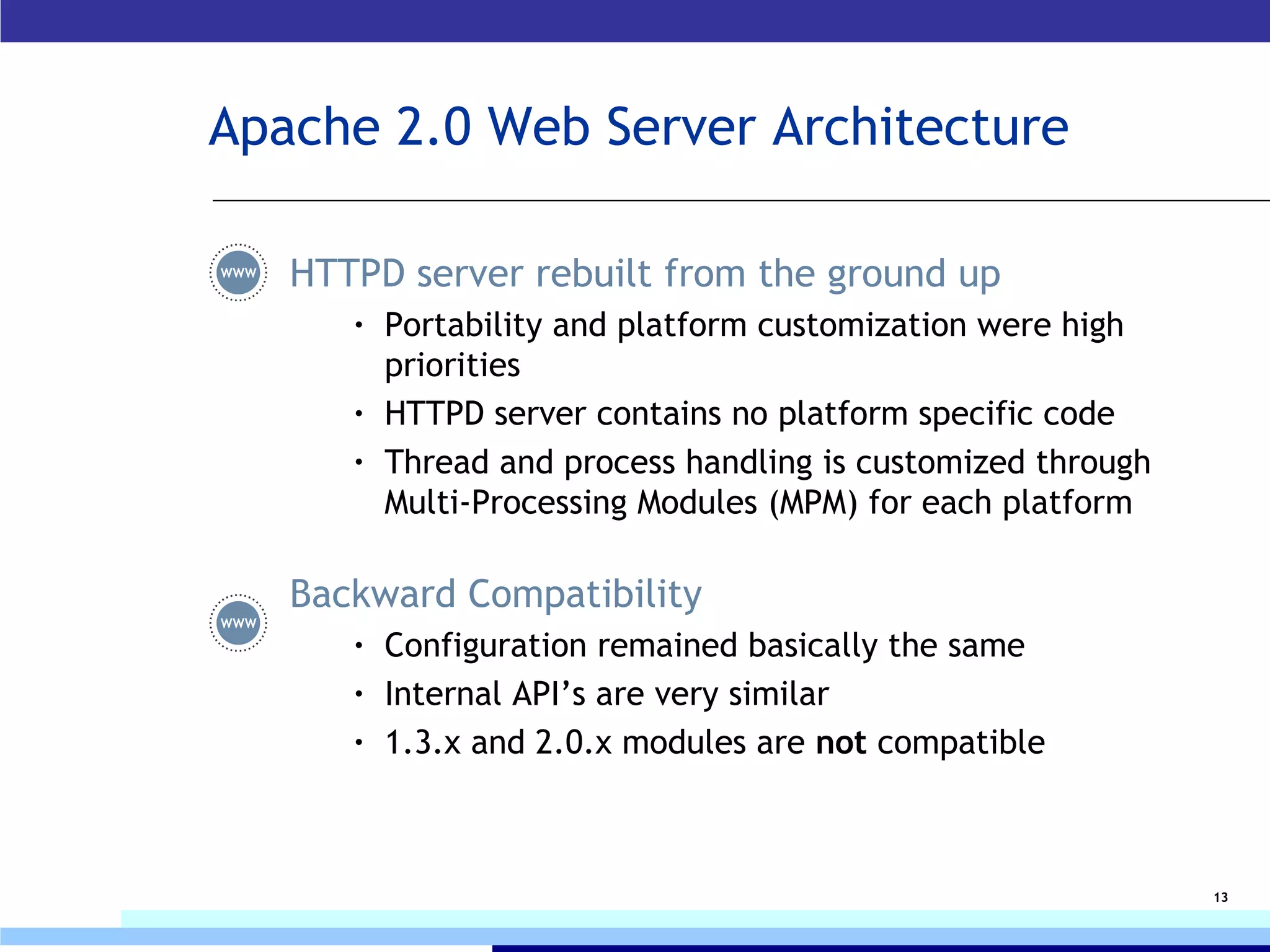 Apache 2.0 Web Server Architecture HTTPD server rebuilt from the ground up Portability and platform customization were high priorities HTTPD server contains no platform specific code Thread and process handling is customized through Multi-Processing Modules (MPM) for each platform Backward Compatibility Configuration remained basically the same Internal API’s are very similar 1.3.x and 2.0.x modules are  not  compatible 
