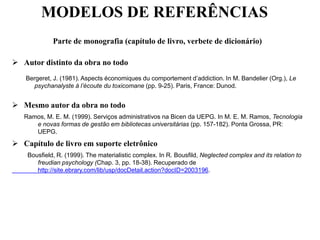MODELOS DE REFERÊNCIAS
Parte de monografia (capítulo de livro, verbete de dicionário)
 Autor distinto da obra no todo
Bergeret, J. (1981). Aspects économiques du comportement d’addiction. In M. Bandelier (Org.), Le
psychanalyste à l’écoute du toxicomane (pp. 9-25). Paris, France: Dunod.
 Mesmo autor da obra no todo
Ramos, M. E. M. (1999). Serviços administrativos na Bicen da UEPG. In M. E. M. Ramos, Tecnologia
e novas formas de gestão em bibliotecas universitárias (pp. 157-182). Ponta Grossa, PR:
UEPG.
 Capítulo de livro em suporte eletrônico
Bousfield, R. (1999). The materialistic complex. In R. Bousfild, Neglected complex and its relation to
freudian psychology (Chap. 3, pp. 18-38). Recuperado de
http://site.ebrary.com/lib/usp/docDetail.action?docID=2003196.
 