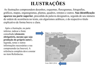 ILUSTRAÇÕES
As ilustrações compreendem desenhos, esquemas, fluxogramas, fotografias,
gráficos, mapas, organogramas, plantas, quadros, retratos e outros. Sua identificação
aparece na parte superior, precedida da palavra designativa, seguida de seu número
de ordem de ocorrência no texto, em algarismos arábicos, e do respectivo título
explicativo de forma breve e clara.
Após a ilustração, na parte
inferior, indicar a fonte
consultada (elemento
obrigatório, mesmo que seja
produção do próprio autor),
legenda, notas e outras
informações necessárias a sua
compreensão (se houver). A
referência completa deve constar
no item Referências.
Mapa 1 – Fronteiras do Brasil
Fonte: IBGE (2016)
 