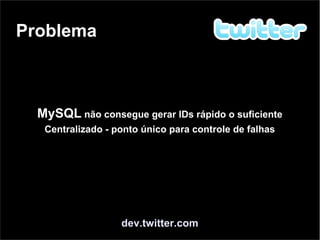 Problema
dev.twitter.com
MySQL não consegue gerar IDs rápido o suficiente
Centralizado - ponto único para controle de falhas
 