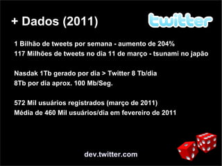 + Dados (2011)
dev.twitter.com

1 Bilhão de tweets por semana - aumento de 204%

117 Milhões de tweets no dia 11 de março - tsunami no japão

Nasdak 1Tb gerado por dia > Twitter 8 Tb/dia

8Tb por dia aprox. 100 Mb/Seg.

572 Mil usuários registrados (março de 2011)

Média de 460 Mil usuários/dia em fevereiro de 2011
 