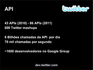 API
dev.twitter.com
43 APIs (2010) - 86 APIs (2011)
600 Twitter mashups
6 Bilhões chamadas da API por dia
70 mil chamadas por segundo
~1600 desenvolvedores no Google Group
 