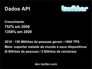 Dados API
dev.twitter.com
Crescimento
752% em 2008
1358% em 2009
2010 - 150 Milhões de pessoas geram ~1000 TPS
Meta: suportar metade do mundo e seus dispositivos
(6 Bilhões de pessoas / 5 Bilhões de celulares)
 