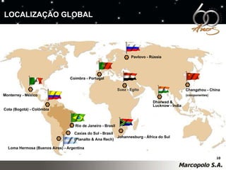 LOCALIZAÇÃO GLOBAL Suez - Egito Loma Hermosa (Buenos Aires) - Argentina Caxias do Sul - Brasil (Planalto & Ana Rech) Rio de Janeiro - Brasil Cota (Bogotá) - Colômbia Monterrey - México Coimbra - Portugal Johannesburg - África do Sul Changzhou - China (componentes) Dharwad & Lucknow - Índia Pavlovo - Rússia             