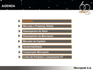 AGENDA Empresa Mercado e Presença Global Desempenho da Marcopolo Mercado de Capitais Desempenho do Setor Sustentabilidade Corporação Marcopolo Linha de Produtos / Lançamento G7 