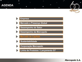 AGENDA Empresa Mercado e Presença Global Desempenho da Marcopolo Mercado de Capitais Desempenho do Setor Sustentabilidade Corporação Marcopolo Linha de Produtos / Lançamento G7 