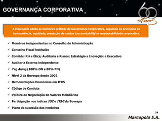 Membros independentes no Conselho de Administração  Conselho Fiscal instituído Comitês: RH e Ética; Auditoria e Riscos; Estratégia e Inovação; e Executivo Auditoria Externa independente Tag Along  (100% ON e 80% PN)  Nível 2 da Bovespa desde 2002 Demonstrações financeiras em IFRS  Código de Conduta Política de Negociação de Valores Mobiliários Participação nos índices  IGC  e  ITAG  da Bovespa Plano de sucessão dos herdeiros GOVERNANÇA CORPORATIVA A Marcopolo adota as melhores práticas de Governança Corporativa, seguindo os princípios da transparência, equidade, prestação de contas ( accountability ) e responsabilidade corporativa. 