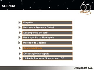 Empresa Mercado e Presença Global Desempenho da Marcopolo Mercado de Capitais Desempenho do Setor AGENDA Sustentabilidade Corporação Marcopolo Linha de Produtos / Lançamento G7 