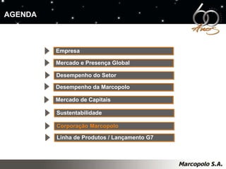 AGENDA Empresa Mercado e Presença Global Desempenho da Marcopolo Mercado de Capitais Desempenho do Setor Sustentabilidade Corporação Marcopolo Linha de Produtos / Lançamento G7 