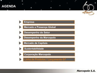 AGENDA Empresa Mercado e Presença Global Desempenho da Marcopolo Mercado de Capitais Desempenho do Setor Sustentabilidade Corporação Marcopolo Linha de Produtos / Lançamento G7 