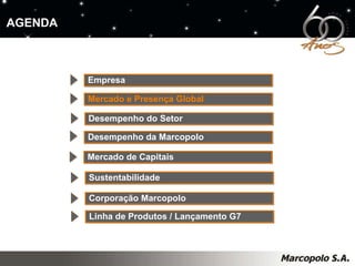 AGENDA Empresa Mercado e Presença Global Desempenho da Marcopolo Mercado de Capitais Desempenho do Setor Sustentabilidade Corporação Marcopolo Linha de Produtos / Lançamento G7 