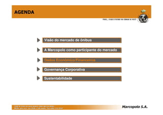 Visão do mercado de ônibusVisão do mercado de ônibus
A Marcopolo como participante do mercadoA Marcopolo como participante do mercado
Governança CorporativaGovernança Corporativa
Dados Econômico/FinanceirosDados Econômico/Financeiros
AGENDA
SustentabilidadeSustentabilidade
 