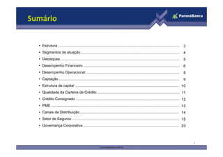 Sumário


  • Estrutura ....................................................................................................................... 3
  • Segmentos de atuação ......................................................................................................
                                                                                                                             4
  • Destaques .................................................................................................................... 5
         q
  • Desempenho Financeiro .............................................................................................. 6
  • Desempenho Operacional ................................................................................................
                                                                                                                          8
  • Captação ....................................................................................................................... 9
  • Estrutura de capital ..................................................................................................... 10
  • Qualidade da Carteira de Crédito .......................................................................................
                                                                                                                       11
  • Crédito Consignado ..................................................................................................... 12
  • PME ............................................................................................................................. 13
  • Canais de Distribuição ................................................................................................ 14
                       ç
  • Setor de Seguros .......................................................................................................... 15
  • Governança Corporativa ................................................................................................23



                                                                                                                                           2
 