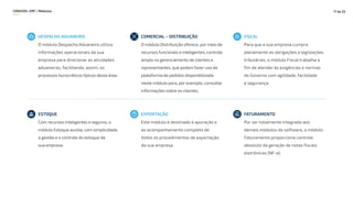 CONEXOS–ERP / Módulos 17 de 22
DESPACHO ADUANEIRO
O módulo Despacho Aduaneiro utiliza
informações operacionais da sua
empresa para direcionar as atividades
aduaneiras, facilitando, assim, os
processos burocráticos típicos desta área.
COMERCIAL – DISTRIBUIÇÃO
O módulo Distribuição oferece, por meio de
recursos funcionais e inteligentes, controle
amplo no gerenciamento de clientes e
representantes, que podem fazer uso da
plataforma de pedidos disponibilizada
neste módulo para, por exemplo, consultar
informações sobre os clientes.
FISCAL
Para que a sua empresa cumpra
plenamente as obrigações e legislações
tributárias, o módulo Fiscal trabalha a
fim de atender às exigências e normas
do Governo com agilidade, facilidade
e segurança.
ESTOQUE
Com recursos inteligentes e seguros, o
módulo Estoque auxilia, com simplicidade,
a gestão e o controle do estoque da
sua empresa.
EXPORTAÇÃO
Este módulo é destinado à apuração e
ao acompanhamento completo de
todos os procedimentos de exportação
da sua empresa.
FATURAMENTO
Por ser totalmente integrado aos
demais módulos do software, o módulo
Faturamento proporciona controle
absoluto da geração de notas fiscais
eletrônicas (NF-e).
 