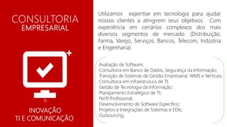CONSULTORIA
EMPRESARIAL
INOVAÇÃO
TI E COMUNICAÇÃO
Utilizamos expertise em tecnologia para ajudar
nossos clientes a atingirem seus objetivos. Com
experiência em cenários complexos dos mais
diversos segmentos de mercado. (Distribuição,
Farma, Varejo, Serviços, Bancos, Telecom, Indústria
e Engenharia)
Avaliação de Software;
Consultoria em Banco de Dados, Segurança da Informação;
Transição de Sistemas de Gestão Empresarial, WMS e Verticais;
Consultoria em infraestrutura de TI;
Gestão de Tecnologia da Informação;
Planejamento Estratégico de TI;
Perfil Profissional;
Desenvolvimento de Software Específico;
Projetos e Integrações de Sistemas e EDIs;
Outsourcing;
 