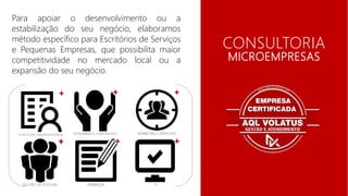 CONSULTORIA
EMPRESARIAL
Para apoiar o desenvolvimento ou a
estabilização do seu negócio, elaboramos
método específico para Escritórios de Serviços
e Pequenas Empresas, que possibilita maior
competitividade no mercado local ou a
expansão do seu negócio.
CONSULTORIA
MICROEMPRESAS
 