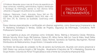 PALESTRAS
E TREINAMENTOS
Possui diversas especializações e certificações em diversos segmentos, como Governança Empresarial e de
TI, Marketing Estratégico e Vendas, Gestão de Projetos, Segurança da Informação, Consultoria, Perfil
Profissional e Carreiras.
Em sua trajetória já atuou em empresas como: Embratel, Xerox, Telemig e Amazonia Celular, Petrobras,
Módulo Security, Victor Hugo, RM Sistemas, Datasul, IFS, Athos Farma, Vale Sul, Casa & Vídeo, Sesef, Delba
Marítima, Eschola.com, Stefanini IT Solution, Glaxo, Riomed, Secretaria da Fazenda, Baumgarten, Riomed
Distribuidora de Medicamentos, Grupo Kroton / Uniasselvi entre outras.
Foi Diretor de Educação de unidades no Rio de Janeiro da Eschola.com, Atuando com ensino presencial e
EAD. Diretor nas cariocas Insight e 3W Soluções. Atualmente é Executivo de TIC e Marketing, Docente do
Grupo Kroton, Colunista do Portal TI Especialistas e está à frente da Consultoria empresarial AQL.
O Professor Alexander possui mais de 20 anos de experiência em
áreas comerciais, marketing, administrativas, logística, distribuição
e Tecnologia da Informação, aborda os mais diversos temas
utilizando a linguagem do profissional ou acadêmico.
Professor; Palestrante; Coach, Articulista; Possui Skill em ITIL,
COBIT, PMI, SCRUM, CMMI, SARBANES OXLEY, PESI, AIM – IFS,
ISO Série 27k, 9k, Sistemas da Qualidade, Governança entre
outras.
 