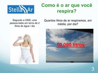 3
Como é o ar que você
respira?
Segundo a OMS, uma
pessoa bebe em torno de 2
litros de água / dia
Quantos litros de ar respiramos, em
média, por dia?
10.000 litros
 
