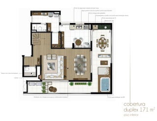 Churrasqueira a carvão com ponto para iluminação interna
Água quente na pia da cozinha e ponto para triturador
Ambiente com infraestrutura para ar-condicionado instalada
Lareira
Tampo com cuba de sobrepor
Ponto para antena de TV
Ponto de água para geladeira
Ponto de água para máquina de lavar louça
Ponto para instalação de SPA
Tampo com pia
Imagem meramente ilustrativa.
piso inferior
 