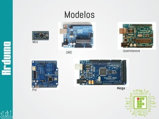 Modelos
Duemilanove
Mini
MegaPro
UNO
 