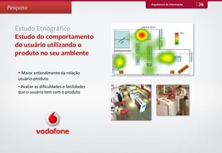 Arquitetura de Informação   36
Pesquisa


   Estudo Etnográfico
   Estudo do comportamento
   do usuário utilizando o
   produto no seu ambiente

     Maior entendimento da relação
    usuário-produto
     Avaliar as dificuldades e facilidades
    que o usuário tem com o produto
 
