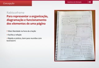 Arquitetura de Informação   40
Concepção


  Rabiscoframe
  Para representar a organização,
  diagramação e funcionamento
  dos elementos de uma página

   Mais liberdade na hora da criação
   Facilita a refação

   Rápido e prático, bom para reuniões com
  brainstorm
 