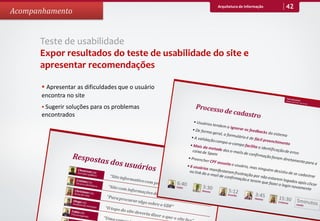 Arquitetura de Informação   42
Acompanhamento


      Teste de usabilidade
      Expor resultados do teste de usabilidade do site e
      apresentar recomendações

        Apresentar as dificuldades que o usuário
       encontra no site
        Sugerir soluções para os problemas
       encontrados
 