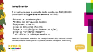 Investimento
O investimento para a execução deste projeto é de R$ 90.000,00
(noventa mil reais) por final de semana, incluindo:
· Estrutura de cenário completa;
· Atividade das barraquinhas de jogos;
· Equipamento som e luz;
· Equipe de dançarinos e figurino;
· Equipe de produção (gerenciamento das ações);
· Equipe de recreadores e receptivo;
· 5 mil unidades de balões personalizados.
*O serviço de alimentos e bebidas das barraquinhas será feito mediante consulta
(venda e/ou fornecimento gratuito) – possível parceria com lojistas do shopping.
 