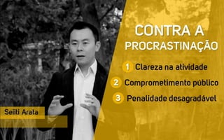 Clareza na atividade
Comprometimento público
Penalidade desagradável
CONTRA A
PROCRASTINAÇÃO
Seiiti Arata
1
2
3
 