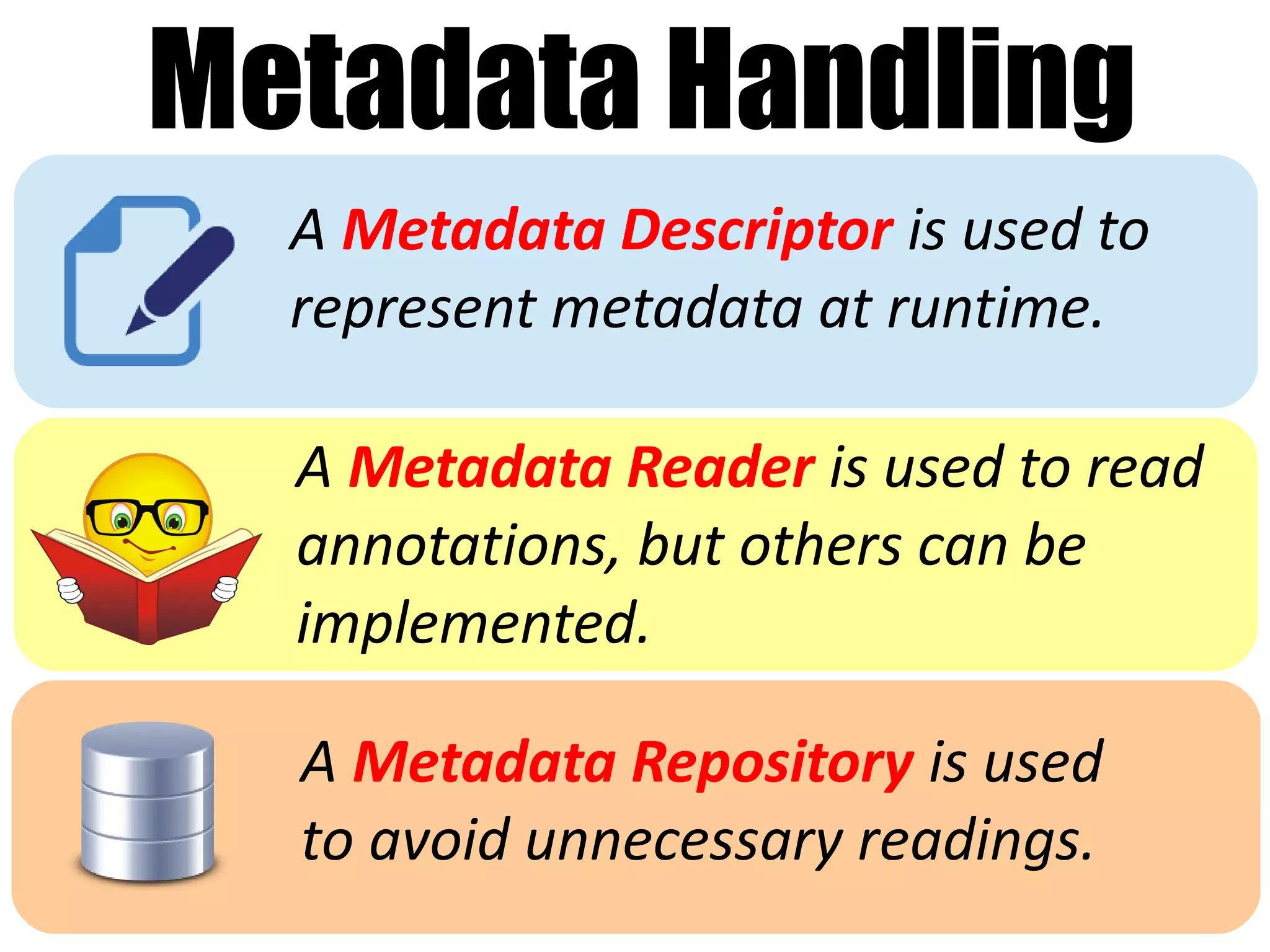 Metadata Handling
  A Metadata Descriptor is used to
  represent metadata at runtime.

  A Metadata Reader is used to read
  annotations, but others can be
  implemented.

  A Metadata Repository is used
  to avoid unnecessary readings.
 