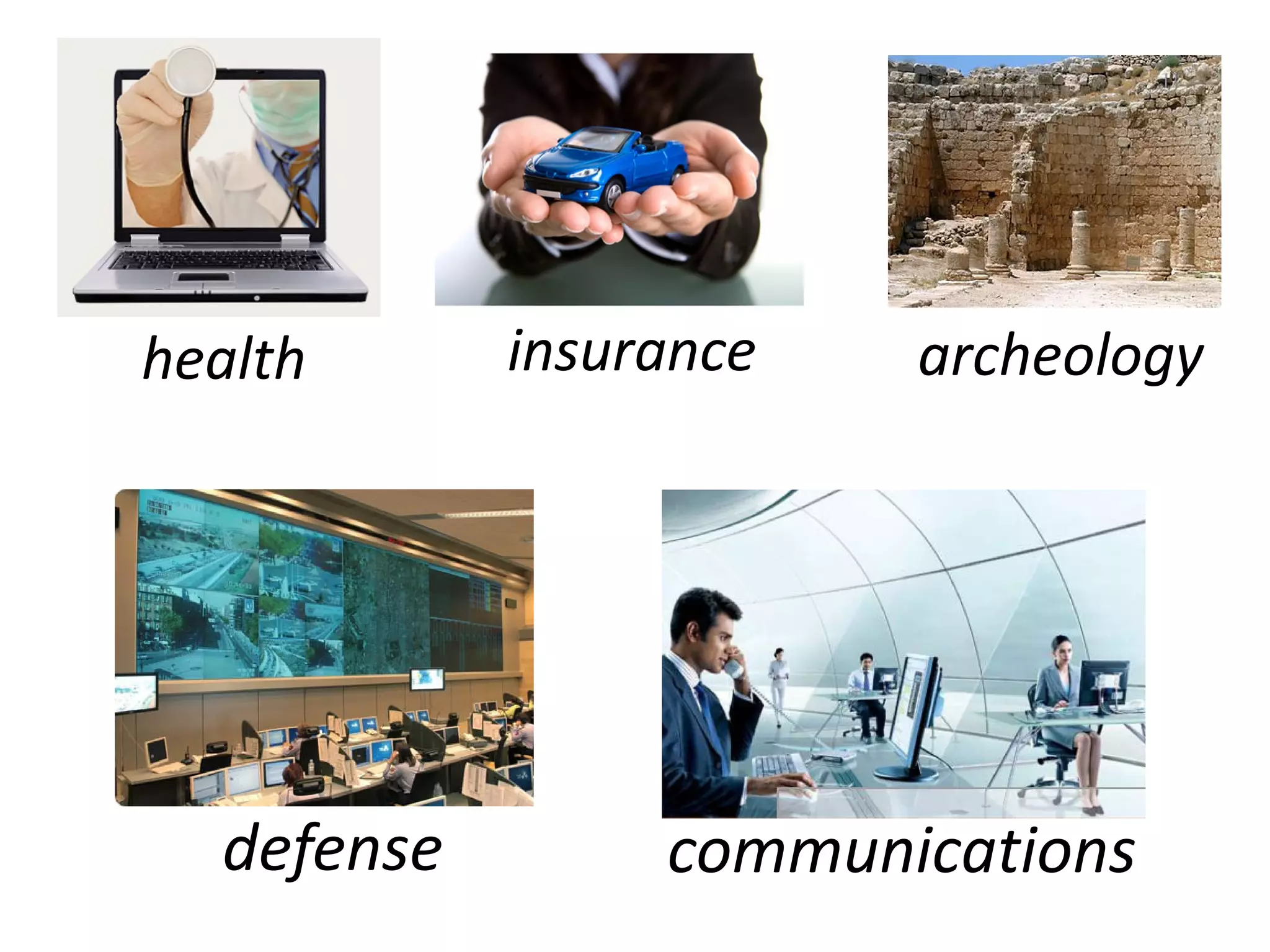 health      insurance   archeology




  defense        communications
 
