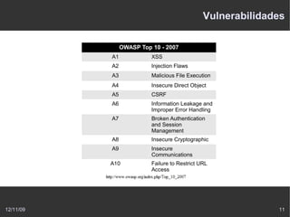 Vulnerabilidades

                OWASP Top 10 - 2007
           A1             XSS
           A2             Injection Flaws
           A3             Malicious File Execution
           A4             Insecure Direct Object
           A5             CSRF
           A6             Information Leakage and
                          Improper Error Handling
           A7             Broken Authentication
                          and Session
                          Management
           A8             Insecure Cryptographic
           A9             Insecure
                          Communications
           A10            Failure to Restrict URL
                          Access




12/11/09                                                     11
 