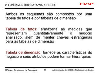 0 MBA em Arquitetura de Soluções 10 Administração de SGDB e Modelagem de Dados
2. FUNDAMENTOS: DATA WAREHOUSE2. FUNDAMENTOS: DATA WAREHOUSE
Ambos os esquemas são compostos por uma
tabela de fatos e por tabelas de dimensão
Tabela de fatos: armazena as medidas que
representam quantitativamente o negócio
analisado, além de manter chaves estrangeiras
para as tabelas de dimensão
Tabela de dimensão: fornece as características do
negócio e seus atributos podem formar hierarquias
 
