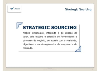 Strategic Sourcing 
STRATEGIC SOURCING 
Modelo estratégico, integrado e de criação de 
valor, pela escolha e selecção de fornecedores e 
parceiros de negócio, de acordo com a realidade, 
objectivos e constrangimentos da empresa e do 
mercado. 
®Upman 
® Upman 
Estritamente confidencial 
Confidencial 
4 
 