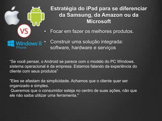 Estratégia do iPad para se diferenciar
                        da Samsung, da Amazon ou da
                                   Microsoft
                  • Focar em fazer os melhores produtos.

                  • Construir uma solução integrada:
                    software, hardware e serviços

“Se você pensar, o Android se parece com o modelo do PC Windows.
sistema operacional é da empresa. Estamos falando da experiência do
cliente com seus produtos”

"Eles se afastam da simplicidade. Achamos que o cliente quer ser
organizado e simples.
 Queremos que o consumidor esteja no centro de suas ações, não que
ele não saiba utilizar uma ferramenta."
 
