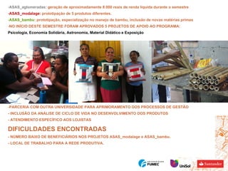 ASAS_aglomeradas:  geração de aproximadamente 8.000 reais de renda líquida durante o semestre ASAS_modalage:  prototipação de 5 produtos diferentes. ASAS_bambu : prototipação, especialização no manejo de bambu, inclusão de novas matérias primas NO INÍCIO DESTE SEMESTRE FORAM APROVADOS 5 PROJETOS DE APOIO AO PROGRAMA: Psicologia, Economia Solidária, Astronomia, Material Didático e Exposição MUDANÇAS NO PLANO DE TRABALHO PARCERIA COM OUTRA UNIVERSIDADE PARA APRIMORAMENTO DOS PROCESSOS DE GESTÃO  - INCLUSÃO DA ANÁLISE DE CICLO DE VIDA NO DESENVOLVIMENTO DOS PRODUTOS - ATENDIMENTO ESPECÍFICO AOS LOJISTAS  DIFICULDADES ENCONTRADAS - NÚMERO BAIXO DE BENEFICIÁRIOS NOS PROJETOS ASAS_modalage e ASAS_bambu. - LOCAL DE TRABALHO PARA A REDE PRODUTIVA. 