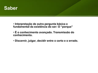 Saber Interpretação de outra pergunta básica e fundamental da existência do ser: O “porque” É o conhecimento avançado. Transmissão do conhecimento. Discernir, julgar, decidir entre o certo e o errado. 