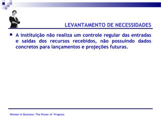LEVANTAMENTO DE NECESSIDADES


A instituição não realiza um controle regular das entradas
e saídas dos recursos recebidos, não possuindo dados
concretos para lançamentos e projeções futuras.

Women in Business: The Power of Progress

 