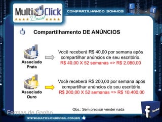 Compartilhamento DE ANÚNCIOS


                  Você receberá R$ 40,00 por semana após
                   compartilhar anúncios de seu escritório.
    Associado      R$ 40,00 X 52 semanas => R$ 2.080,00
      Prata


                  Você receberá R$ 200,00 por semana após
                   compartilhar anúncios de seu escritório.
    Associado     R$ 200,00 X 52 semanas => R$ 10.400,00
      Ouro


                        Obs.: Sem precisar vender nada
Formas de Ganho
 