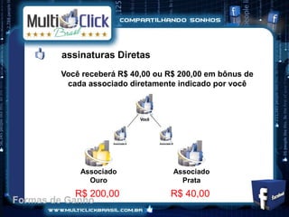 assinaturas Diretas
         Você receberá R$ 40,00 ou R$ 200,00 em bônus de
          cada associado diretamente indicado por você




             Associado              Associado
               Ouro                   Prata
            R$ 200,00              R$ 40,00
Formas de Ganho
 